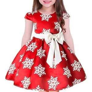 Toddler Baby Girls Christmas Snowflake Print Party Dresses with Bowknot Belt